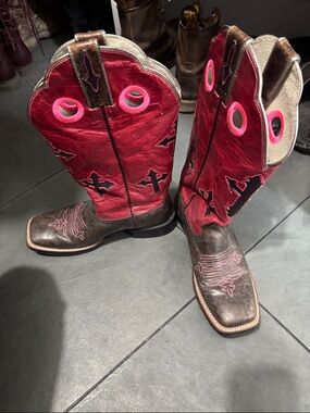 Ariat Brown and Red Western Cowboy Boots with Pink Accents